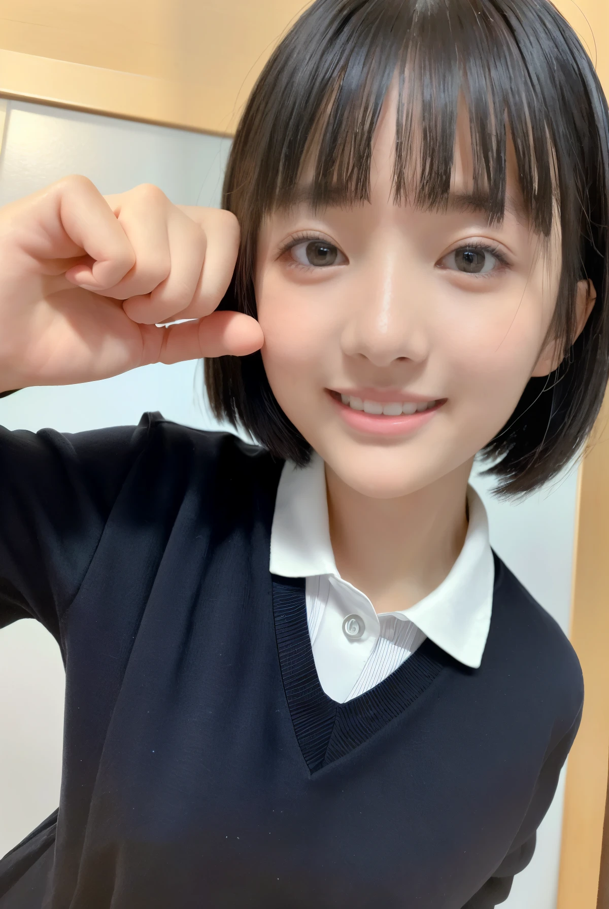 (8k,RAW Photos, Highest quality, masterpiece:1.2), (Realistic, photo-Realistic:1.37),One girl,Japanese girl、１２age、Middle school students、Close-up of face、Short-sleeved uniform、Short hairstyle、Black Hair、smiling、Cute smile、studio、Light blue background、