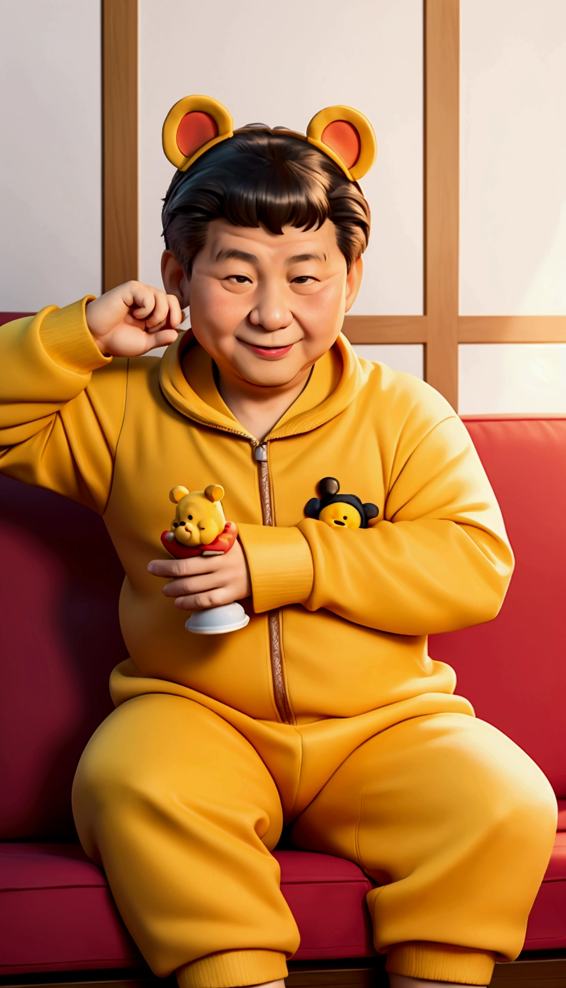 Xi Jinping wearing a Winnie the Pooh costume、Sitting on the sofa and relaxing。looks fun。