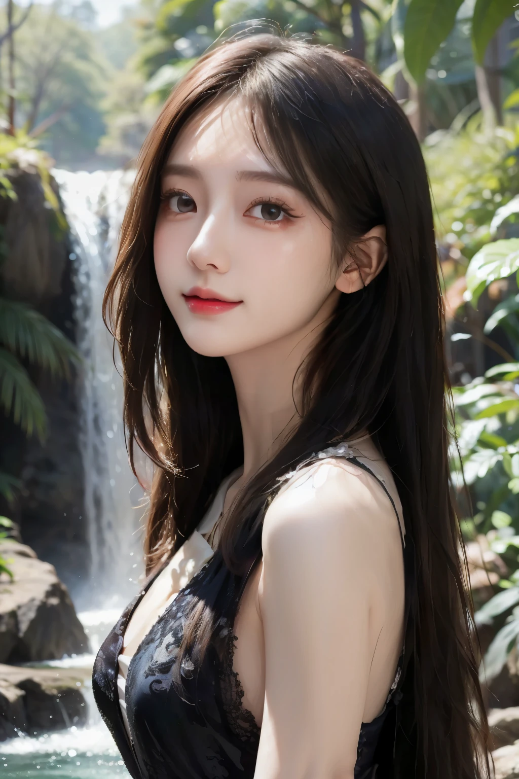 (extremely realistic) , (illustration), (Increase resolution), (8k), (very detailed), (best illustration), (beautiful and delicate eyes), (best quality), (very detailed), (masterpiece), (wallpaper), (detailed face), 1 girl, black straight hair, slim body, delicate details, in the dark, deep shadows, low key, pure face_v1, happy smile, summer dress, waterfall, rainforest