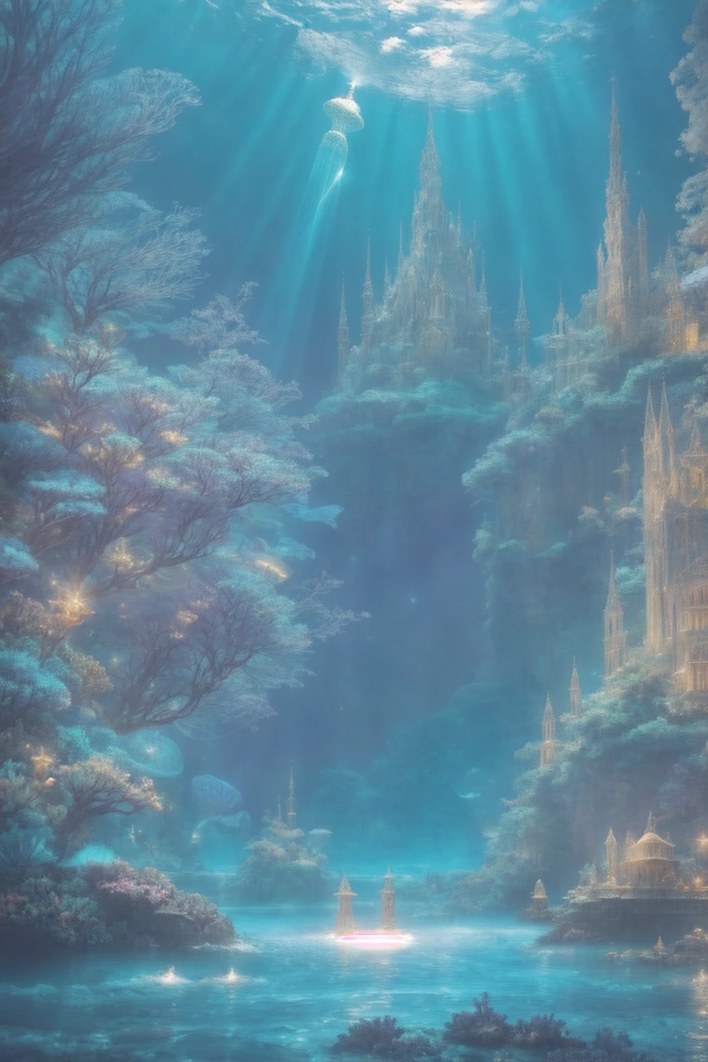 An ancient underwater city bathed in a soft, ethereal glow, surrounded by mythical sea creatures like luminous jellyfish and graceful merfolk. The city’s architecture features towering, coral-covered spires and bioluminescent flora. In the foreground, a group of deep-sea explorers in futuristic suits is amazed as they discover this hidden realm, their faces illuminated by the city’s gentle light. The scene is set in a deep, mysterious ocean with rays of sunlight piercing through the water, creating a magical, otherworldly atmosphere , (Best Quality, A high resolution, photorealistic), cinematic lighting, masterpiece, raw photo, intricate details, HdR

