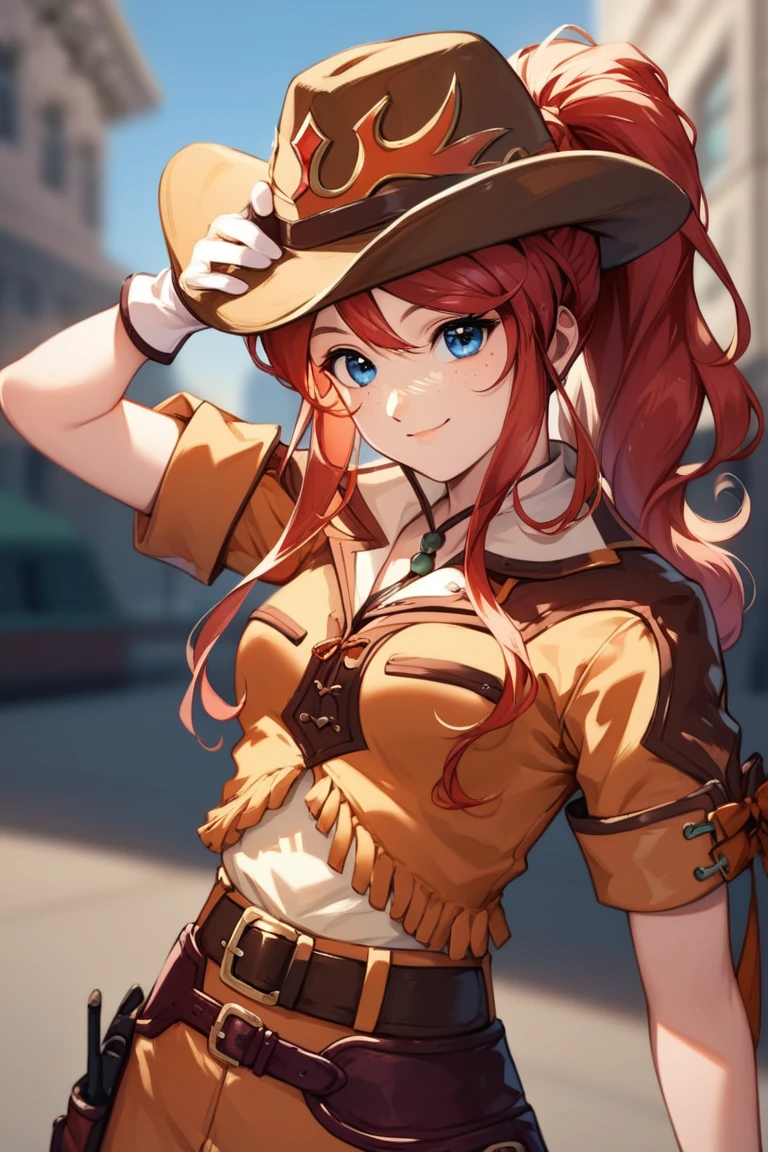 score_9, score_8_up, score_7_up, very aesthetic, source_anime, detailed, high quality, beautiful, masterpiece, detailed eyes,
cityscape, blurry background,
cowboy shot, upper body,
adjusting headwear, light smile, mouth closed, 
gemini sunrise, red hair, ponytail, blue eyes, freckles, sidelocks, 
belt, thigh strap, cowboy hat, cowboy boots, fringe trim, gloves, miniskirt,  short sleeves,, zPDXL