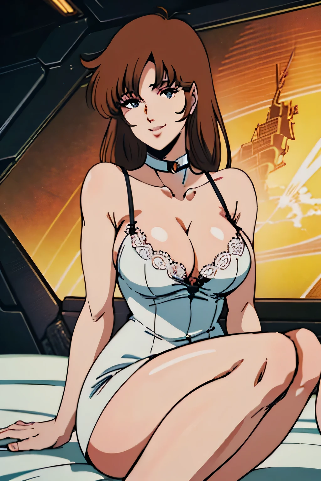 (Masterpiece, extremely detailed 8k CG, sharp line), offcial art, Colorful，Extremely detailed eyes and face，Sharp pupils，realistic pupil，，Elongated eyes，, one pretty woman, (lace negligee), Dark brown eyes, Hands on chest.4, looking at viewer, smile, medium breasts, cameltoe:1.3, cleavage, :1.2, perfect body figure，slim，9 head-to-body ratio, sexy thighs, sitting on bed