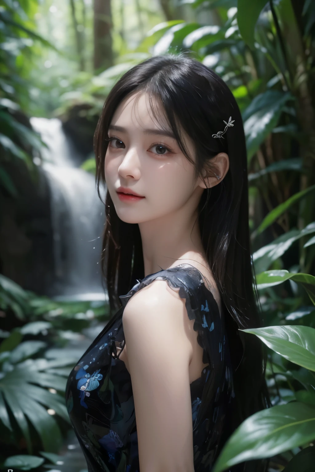 (extremely realistic) , (illustration), (Increase resolution), (8k), (very detailed), (best illustration), (beautiful and delicate eyes), (best quality), (very detailed), (masterpiece), (wallpaper), (detailed face), 1 girl, black straight hair, slim body, delicate details, in the dark, deep shadows, low key, pure face_v1, happy smile, summer dress, waterfall, rainforest
