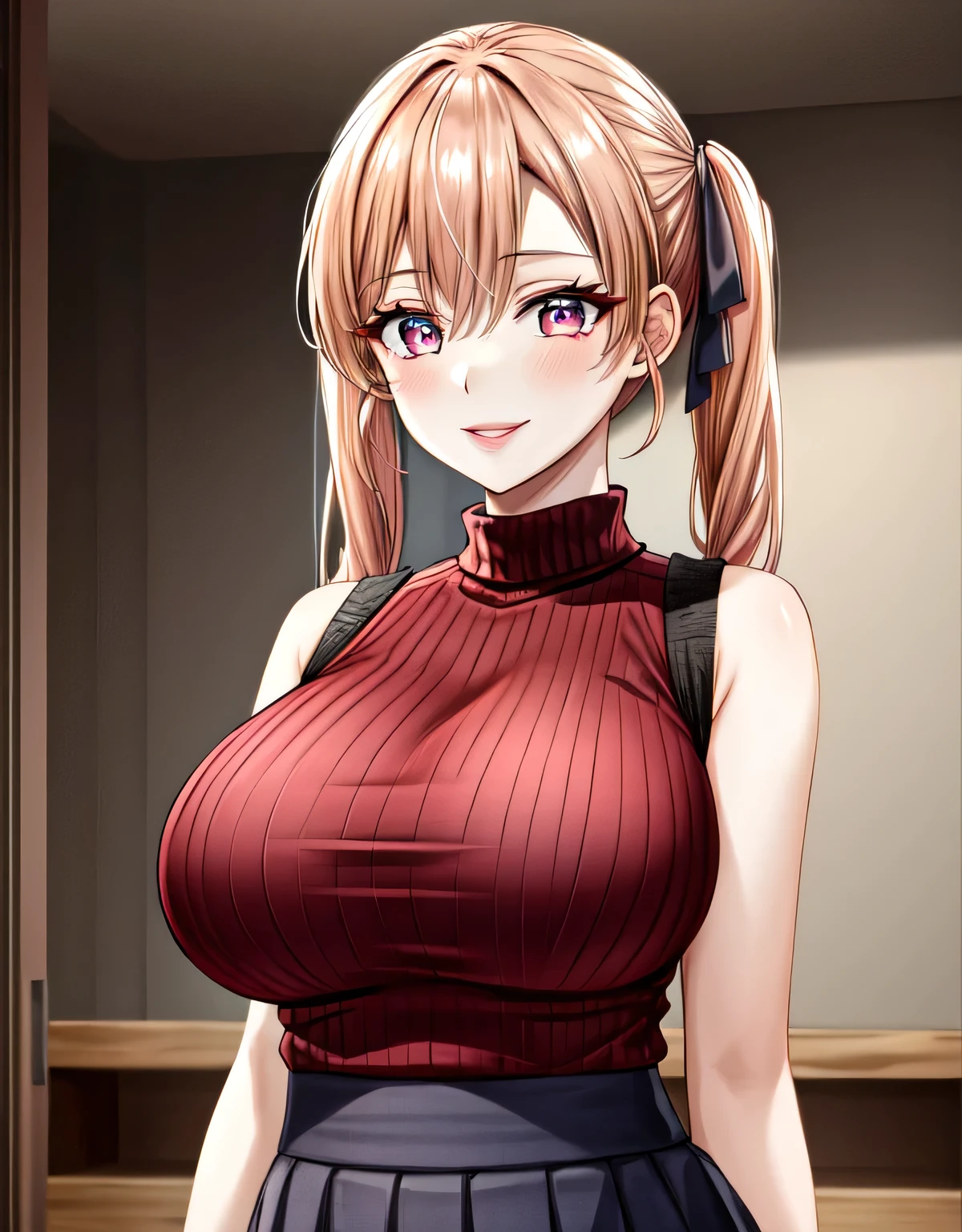 (large breasts:1.55),(shiny,hair),((solo)),((masterpiece)),((best quality)),perfect anatomy,slim waist,perfect image,8k UHD,(beautiful detailed eyes:1.5),extremely detailed face,standing,(upper body:1.25),(look at the front:1.5),arms behindback,ultra-detailed,absurdres,ultra-highres,aaerika,long hair,twintails,hair ribbon,ribbed sweater,sleeveless,skirt,lips,smile,indoor room,seductive,alluing,(pink eyes),