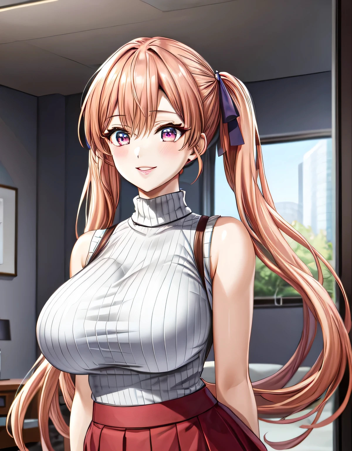 (large breasts:1.55),(shiny,hair),((solo)),((masterpiece)),((best quality)),perfect anatomy,slim waist,perfect image,8k UHD,(beautiful detailed eyes:1.5),extremely detailed face,standing,(upper body:1.25),(look at the front:1.5),arms behindback,ultra-detailed,absurdres,ultra-highres,aaerika,long hair,twintails,hair ribbon,ribbed sweater,sleeveless,skirt,lips,smile,indoor room,seductive,alluing,(pink eyes),