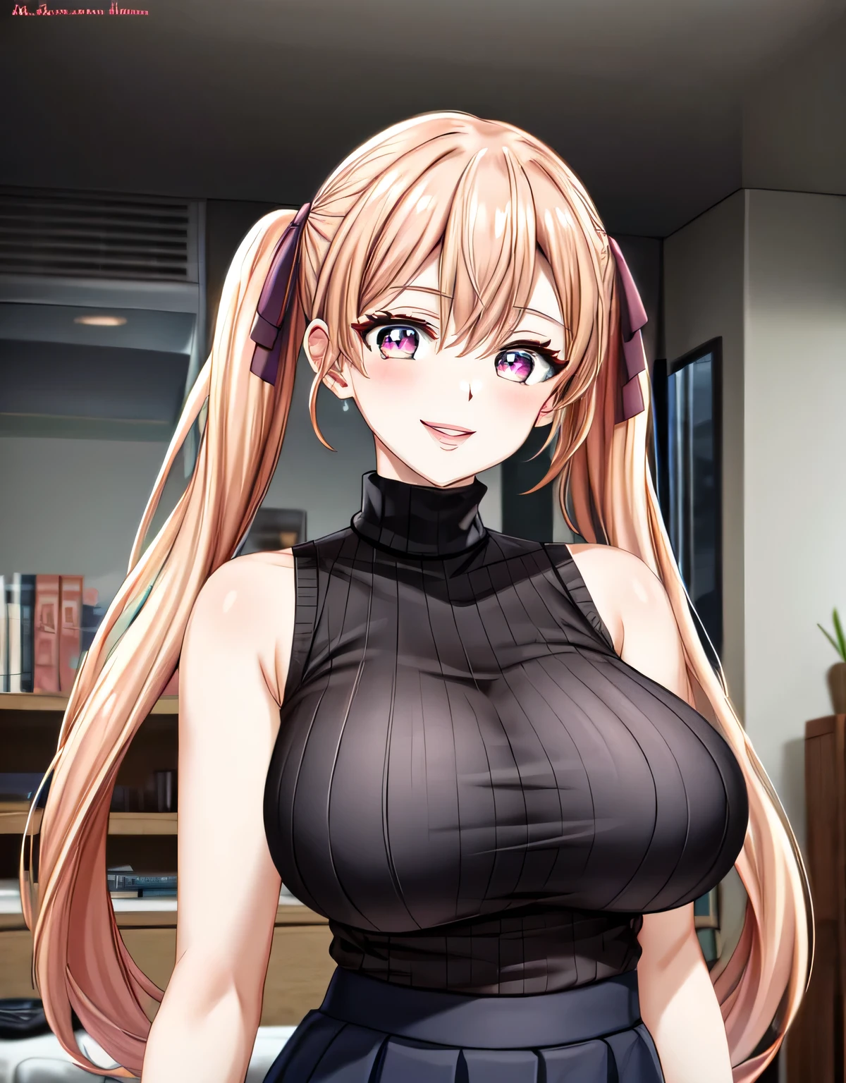 (large breasts:1.55),(shiny,hair),((solo)),((masterpiece)),((best quality)),perfect anatomy,slim waist,perfect image,8k UHD,(beautiful detailed eyes:1.5),extremely detailed face,standing,(upper body:1.25),(look at the front:1.5),arms behindback,ultra-detailed,absurdres,ultra-highres,aaerika,long hair,twintails,hair ribbon,ribbed sweater,sleeveless,skirt,lips,smile,indoor room,seductive,alluing,(pink eyes),