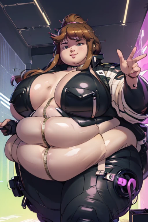 ((best quality, 4k, 8k, anime girl)), (((ssbbw))), (((ussbbw))), (((bodysuit zipper))), ((chubby)), (((immobile fat))), (((very tight suit))), (((extremely detailed face))), beautiful eyes, long colorful hair, cinematic lighting, (hyper breasts), (gigantic breasts), detailed background, ((cyberpunk)), (striking pose), evil smile,