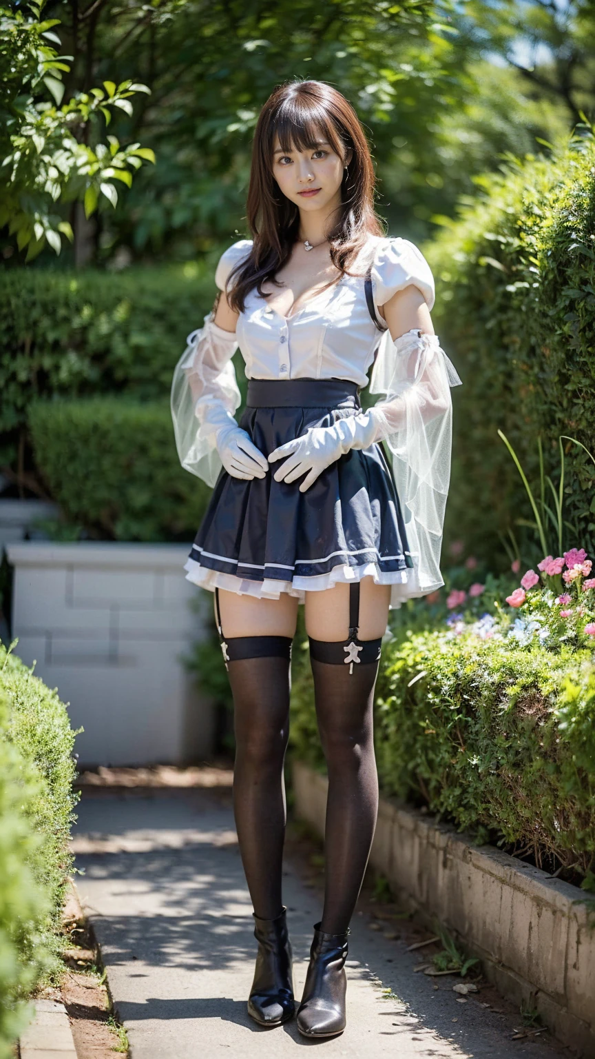 (8k、RAW Photos、Highest quality、masterpiece:1.2)、(Realistic、Realistic)、1 person、((See-through、Medium Hair、Cleavage、tights、Gloves、Garter Ring、mini skirt、Thin legs、boots、View from the front、Looking into the camera、garden、Stand with hands on hips))、cute