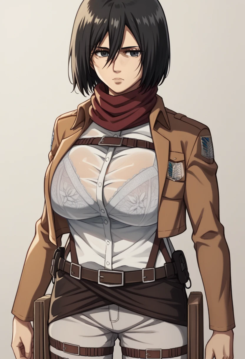 mikaackermanSDXL, short hair, black hair, black eyes, mikasa ackerman
jacket, belt, scarf, thigh strap, red scarf, emblem, paradis military uniform, survey corps (emblem)、Huge breasts、 {Highest quality}, {so beautiful}, {Very detailed}, {Best illustrations}、正面を向いてslouch、face to face、The clothes are see-through、Clothes show through and bras are visible、Big Tits、Chest close up、Bra visible through clothes, Good visible through clothes, Good、slouch