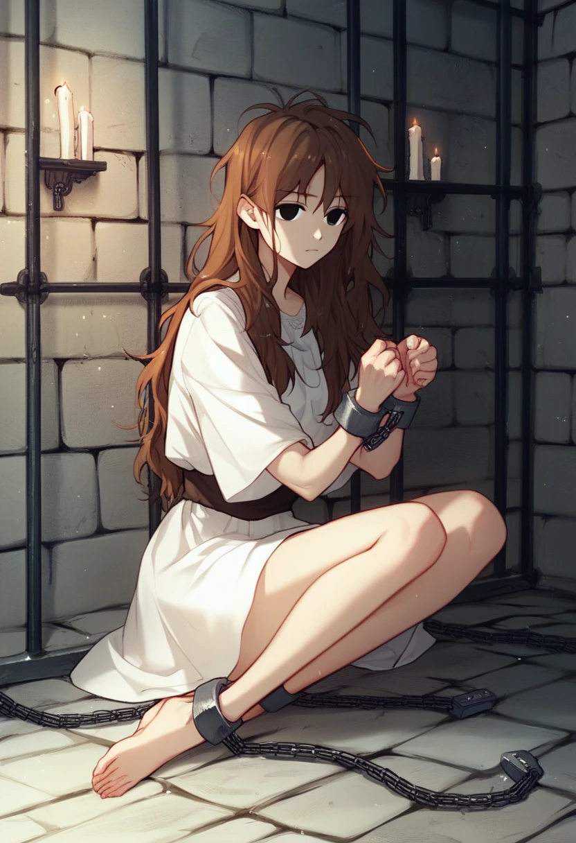 check_9, check_8_up, check_7_up, check_6_up, check_5_up, check_4_up, BREAK источник_anime, manhwa-artstyle, 1 girl, white shirt, solo, looks at the viewer, putting arms, chains, shackles, shackled legs, brown hair, messy hair, black eyes, jail, long hair, dungeon, medieval prison, worth, night, candles, sit, floor, 