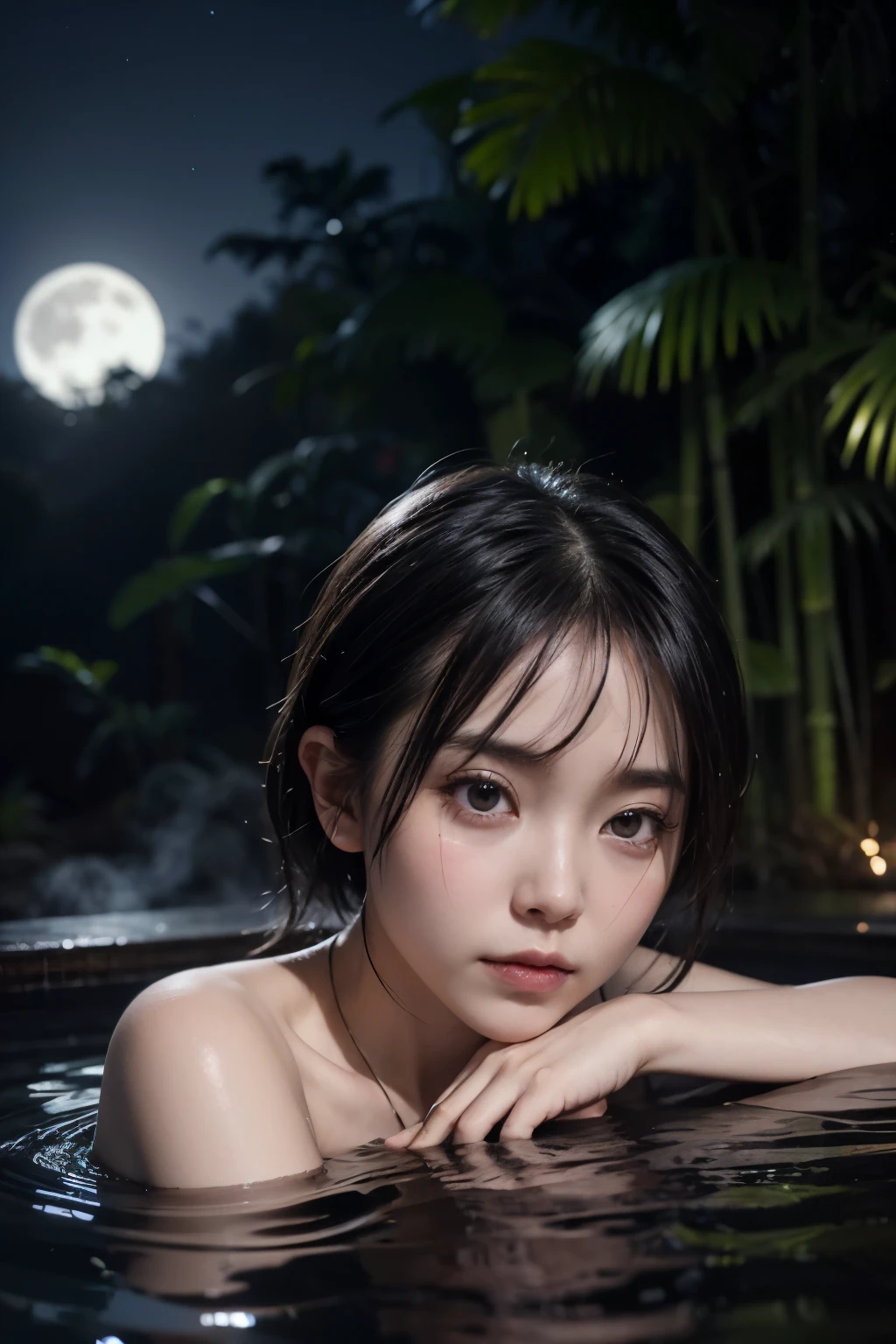 realistic, photogenic, very dark night, bamboo forest, moonlight is reflected in the clear hot spring, large steam is rising around, bathing, body is immersed in hot spring, wearing nothing, fully naked, moon is shining high and small above, beautiful short black hair, hair is blowing in the wind, hair is shaggy and dishevelled, beautiful white translucent skin, slendar figure, no makeup, sad expression, tears in her eyes, a little bit leaning forward, shot from diagonal closely