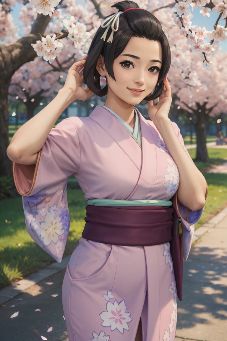 (masterpiece, best quality:1.2), cowboy shot, solo, 1girl, susato mikotoba, smile, hand in own hair, floral print, japanese clothes, pink kimono, nsfw, cherry blossom trees
