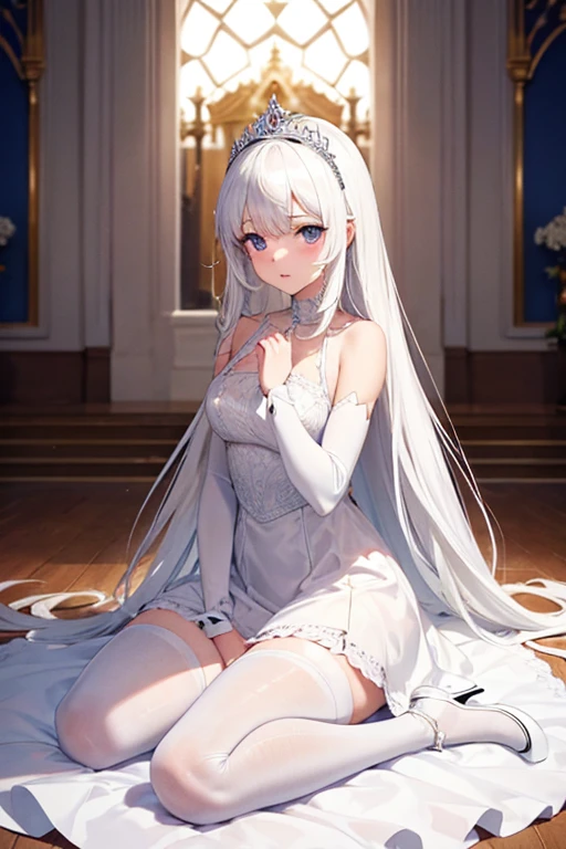((beautiful lighting, Best quality, 8K, Masterpiece: 1.3)), 1girl, Perfect body beauty: 1.4, elegant, Sweaty + wet skin,((white hair)), (White dress: 1.4), (Bathing gown), (Over the knee white stockings: 1.5), (white elegant sofa), Soak, Super Fine Face, ((panties under dress)), lingerie, (underwear)