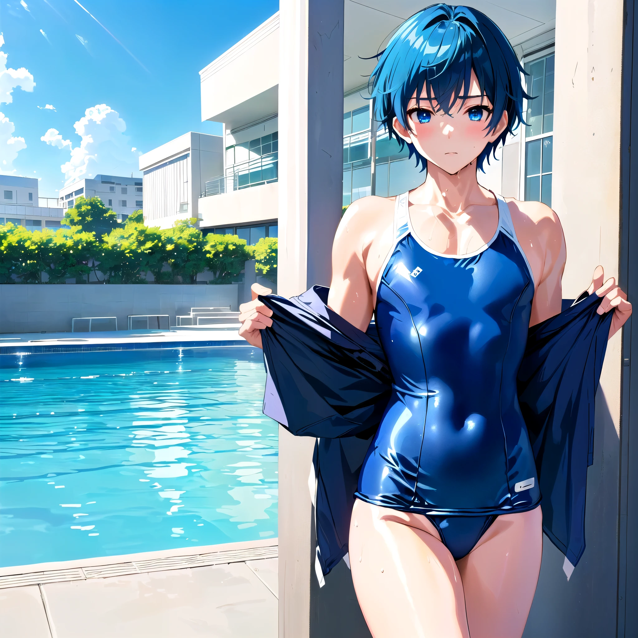 masterpiece、Highest quality、High definition、High resolution、1boy、anime boy in a  School Swimsuit standing in the pool,、Blue Hair、Short Hair、Blue Eyes、独奏、wet swimsuit、is wearing a swimsuit、One piece swimsuit、Wearing a blue tank suit、Bare shoulders、School Swimsuit、High cut school swimwear、School Swimsuit、covered navel、新型School Swimsuit、Japanese student swimsuit、High cut school swimsuit、Fascinating anime、Shiny wet skin!!、Japanese student swimsuit、4K Manga Wallpapers、High leg、Bare legs、[ 4k digital art ]!!、Beautiful and attractive anime men、Anime Style 4k、School Swimsuit、