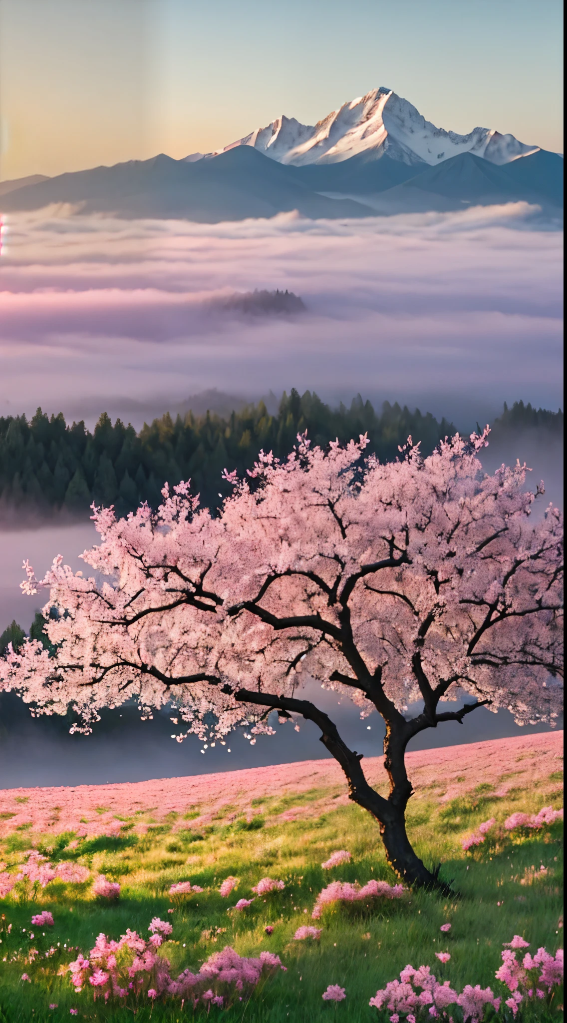 a twig of an apple tree
with pink flowers below it is a meadow full of beautiful flowers on the horizon there are mountains in the fog with the rising sun bright colors romantic style