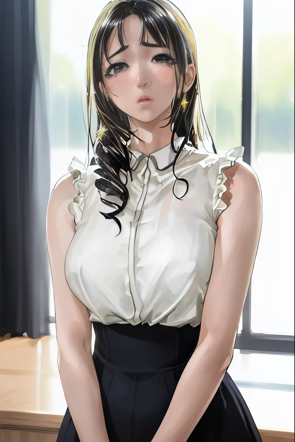 masterpiece, high resolution, photorealistic, detailed, 1 pretty female, rika shiraki, platinum black hair, forehead, bangs, partial vertical curly hair, transparent sparkle emrald eyes, about to weep, surprised expression, Ivanka Trump, kitagawa keiko, tilted head, 