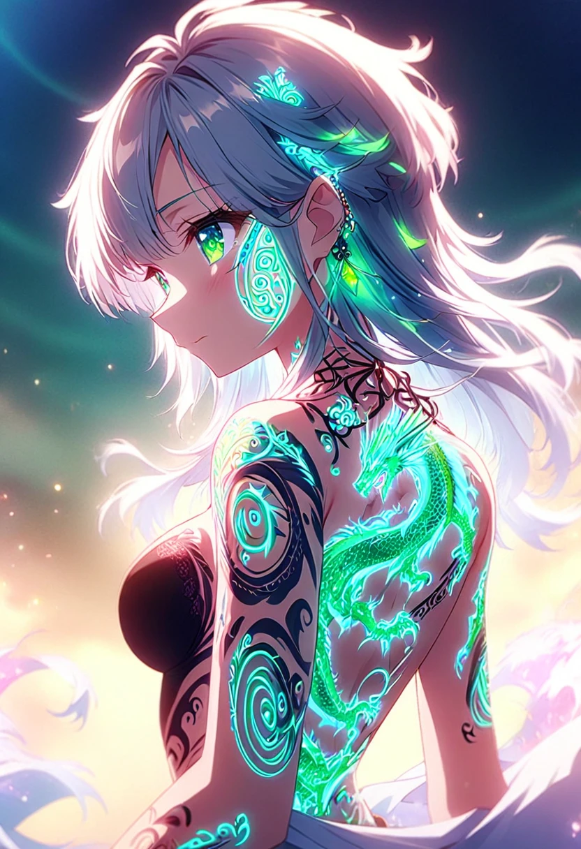 Anime screenshots、Artistic anime illustration of a girl adorned with thick, glowing neon dragon tattoos on her body and face。The tattoo on his back is a mix of green and white.、Neon glow、The scene has a dreamy, soft-focus effect that accentuates the brilliance of the tattoo.