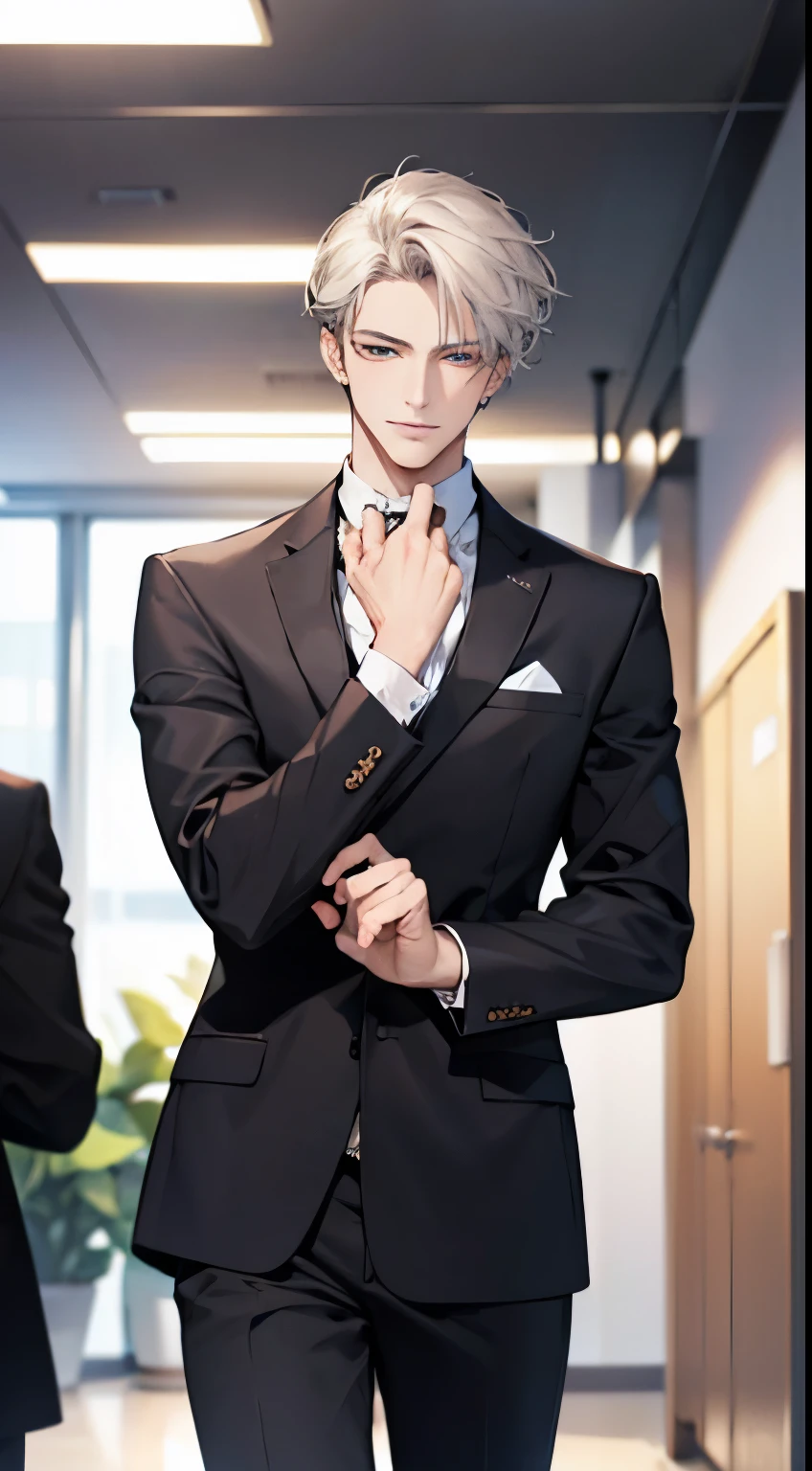 (best qualityer,4K,8k,high resolution,work of art:1.2),ultra detali,(realisitic,photorealisitic,photo-realisitic:1.37),1 men,3,mature man,Very beauthful,without expression,ssmile,short golden gray hair,blue colored eyes,piercing look,perfect face without mistakes,imposing posture,business man,office background,cinematic lighting,HDR IMAGE.undefined, undefined, undefined, undefined, undefined,