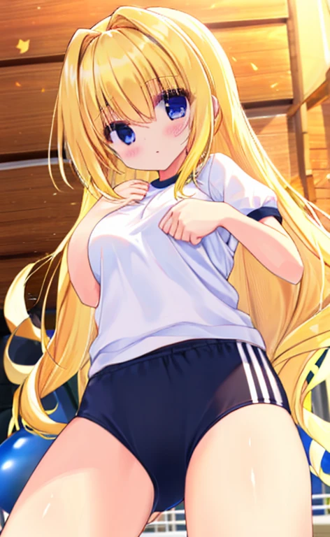 Beautiful long blonde　Cowboy Shot　black buruma　White gym clothes　Small breasts