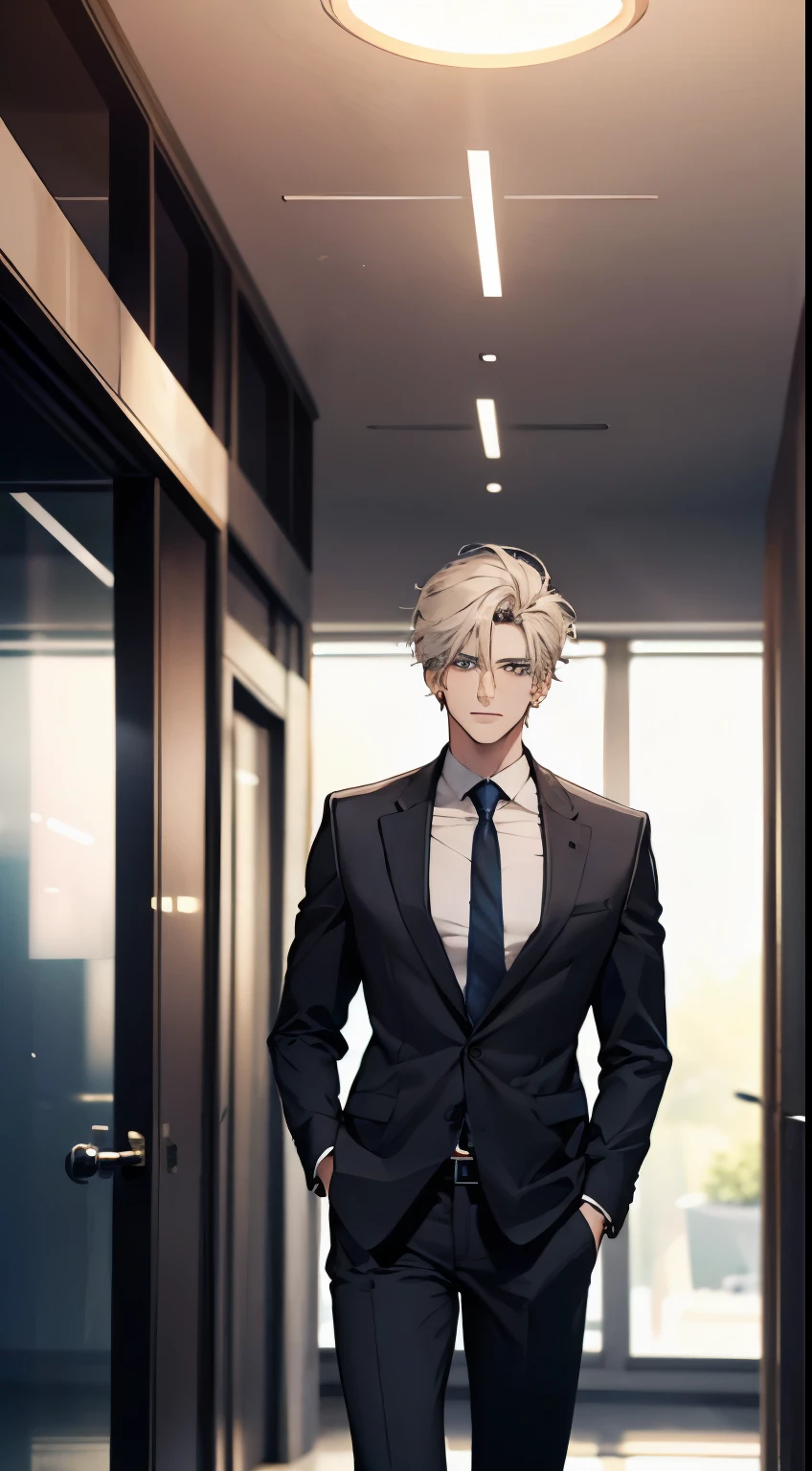 (best qualityer,4K,8k,high resolution,work of art:1.2),ultra detali,(realisitic,photorealisitic,photo-realisitic:1.37),1 men,3,mature man,Very beauthful,without expression,ssmile,short golden gray hair,blue colored eyes,piercing look,perfect face without mistakes,imposing posture,business man,office background,cinematic lighting,HDR IMAGE, Mansion Fund.
