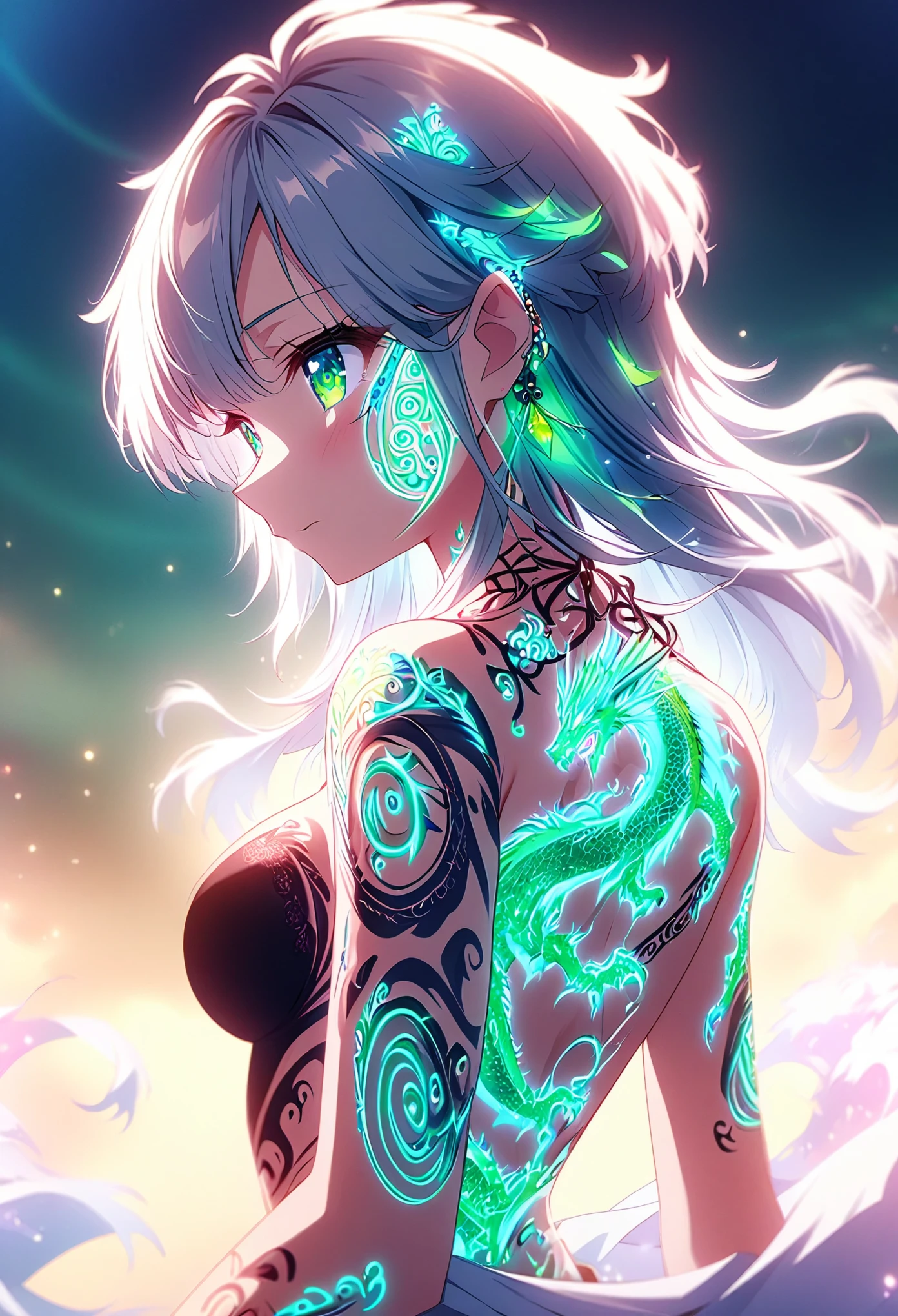 Anime screenshots、Artistic anime illustration of a girl adorned with thick, glowing neon dragon tattoos on her body and face。The tattoo on his back is a mix of green and white.、Neon glow、The scene has a dreamy, soft-focus effect that accentuates the brilliance of the tattoo.