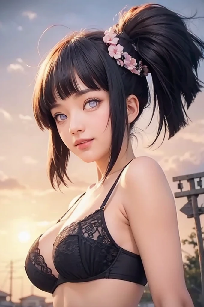 masterpiece, best quality, (realistic,photo-realistic:1.4), (RAW photo:1.2), extremely detailed CG unity 8k wallpaper, delicate and beautiful, amazing,finely detail, official art, absurdres, incredibly absurdres, huge filesize, ultra-detailed,extremely detailed eyes and face,light on face,hinata,(little smile),(black hair:1.4),(long hair:1.3),(wearing bra:1.4),(evening backgrouund:1.4),(byakugan eyes:1.5),ponytail