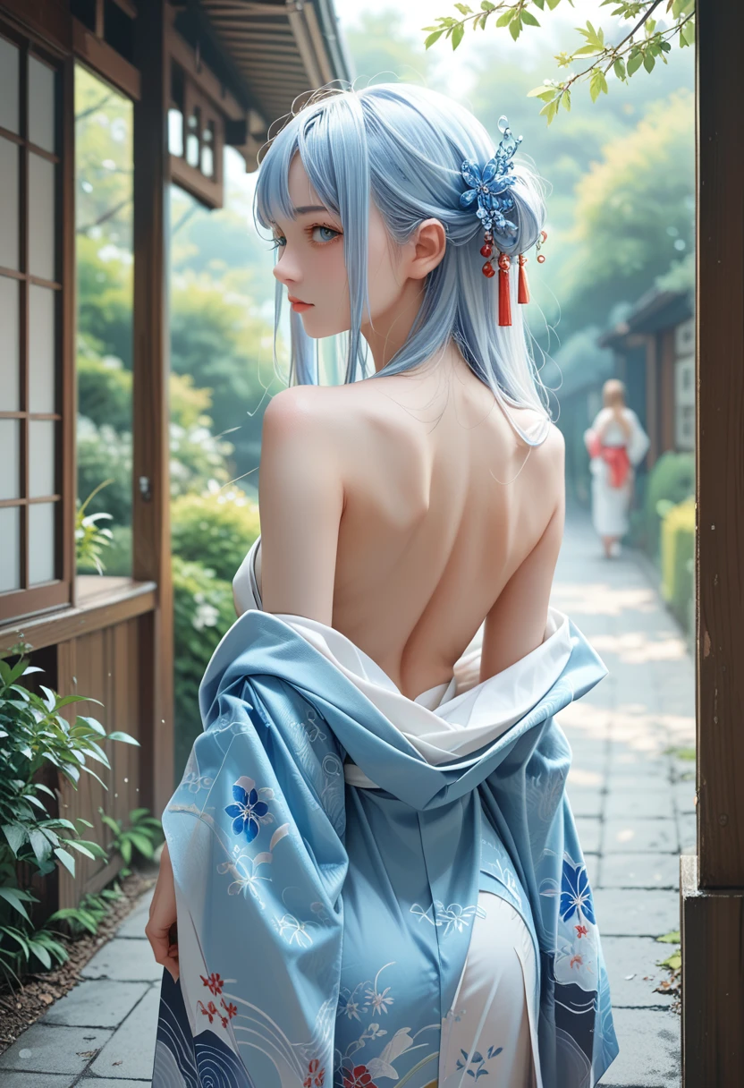 Anime High School Girl, wear a sexy kimono, short kimono, Bare hands, bare back, bare shoulder, to walk, long hair, Light blue hair, look at the viewer, Blue eyes