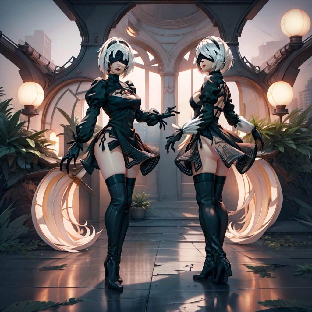 1 tall woman, with his back to the audience, White hair, shorth hair, ((character 2b nier automata)), realisitic, black gown, torn dress, mini dress, body detailed, perfectbody, gorgeous body, full body image, sample legs, dark blindfold covering the eyes, Waist slender, medium breasts, Round ass, perfect  skin, pinky skin, skin fair, 8k, fullHD, High resolution image, corpo sexy, rosto angelical, face perfect, face with a sweet expression, half open mouth, Red lips, sun lighting, Post apocalyptic background, beautifull butt,