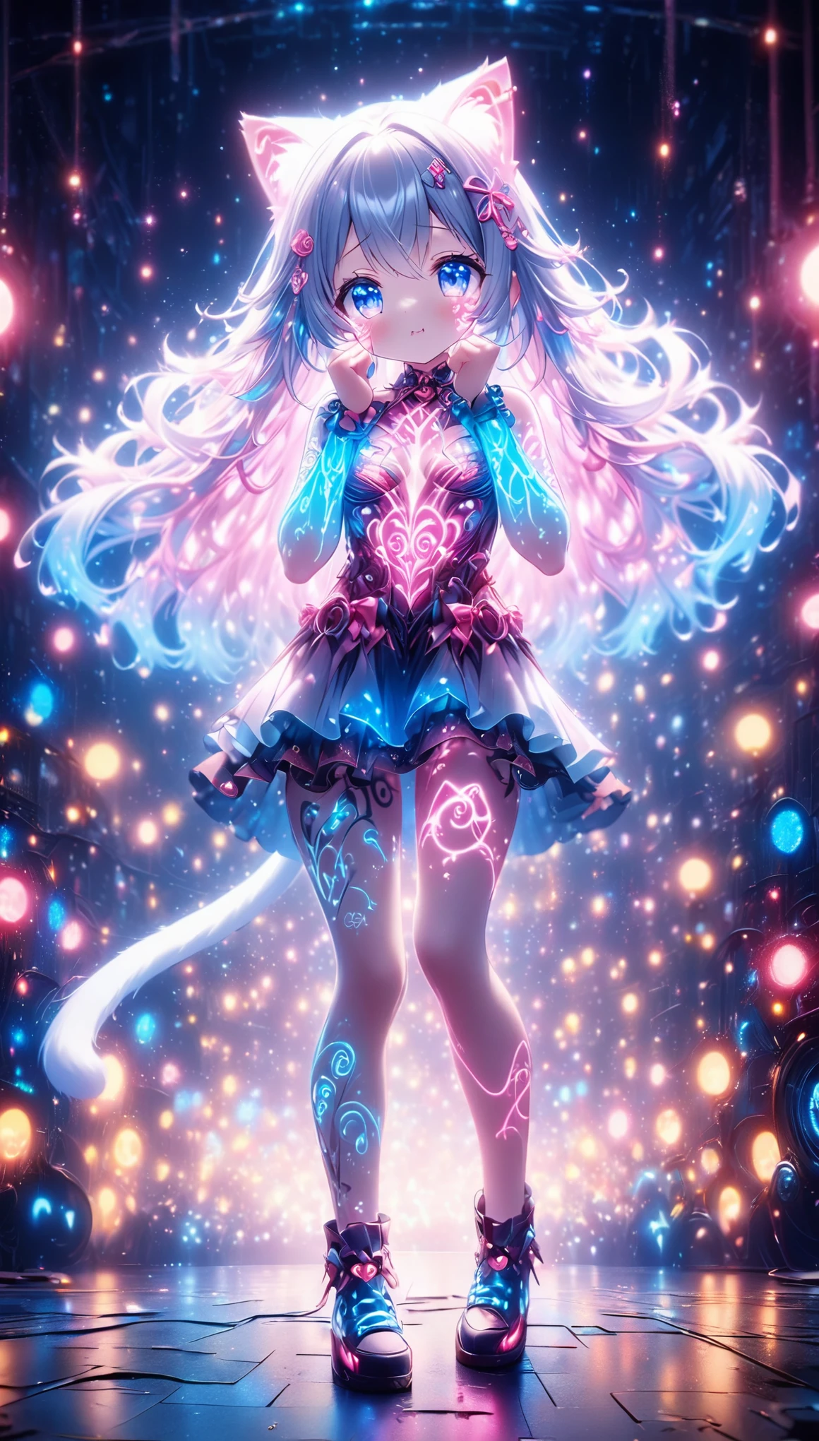 Anime screenshots、vtuber、Full body photo、Artistic anime illustration of a girl with cat tattoos all over her body and face。The tattoos on her arms and legs are a mix of pink, white and blue.、Gives off a neon glow。She has long, flowing hair。In this scene、It has a dreamy soft focus effect that accentuates the glow of your tattoo。Cat ear、tail、Cute pose