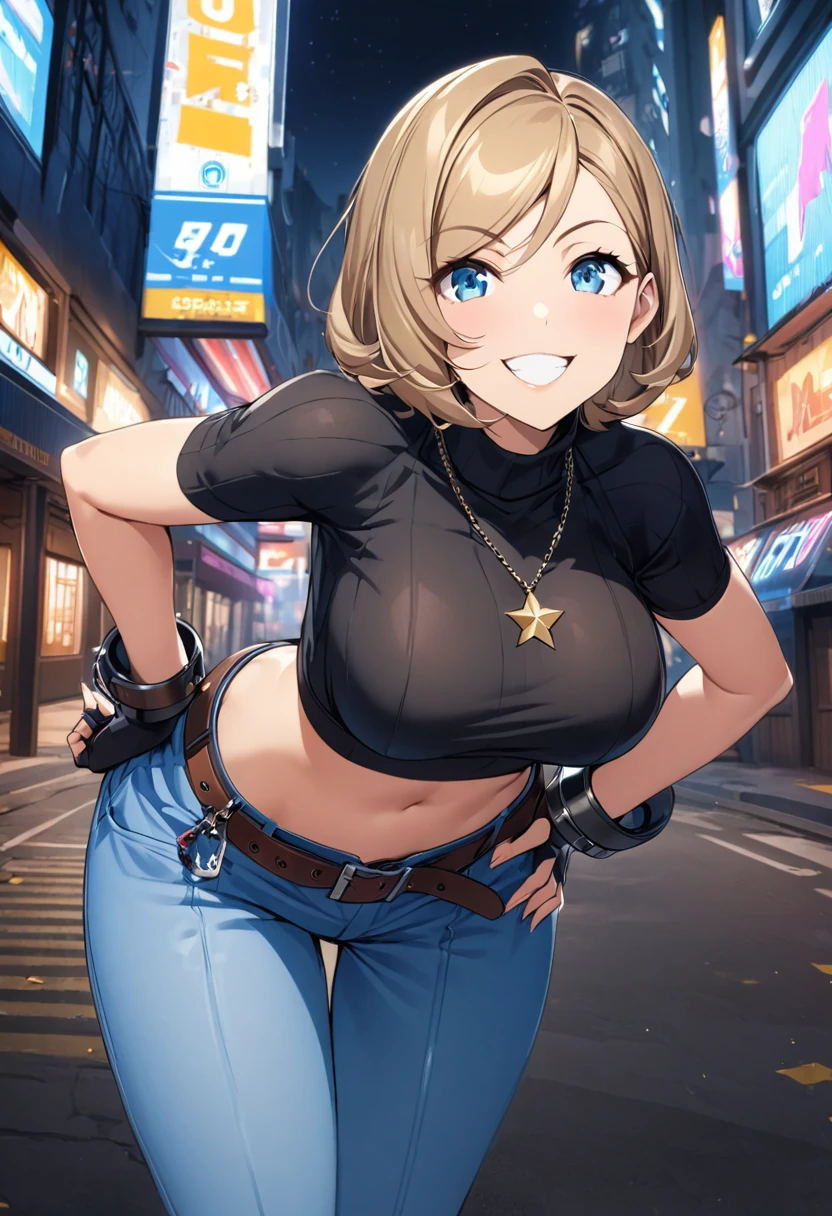 score_9, score_8_up, score_7_up, 1girl, solo, BlueMary, short hair, blue eyes,pants, crop top, turtleneck, belt, large breasts, necklace,fingerless gloves, standing, cuffs on the hips, leaning forward, grin, star on pant, standing, looking at you, night, street, illimunated city
