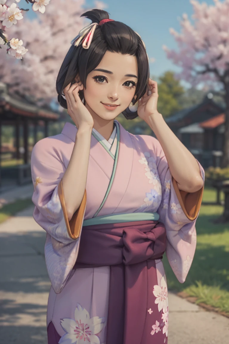 (masterpiece, best quality:1.2), cowboy shot, solo, 1girl, susato mikotoba, smile, hand in own hair, floral print, japanese clothes, pink kimono, (pussy:1.2), cherry blossom trees
