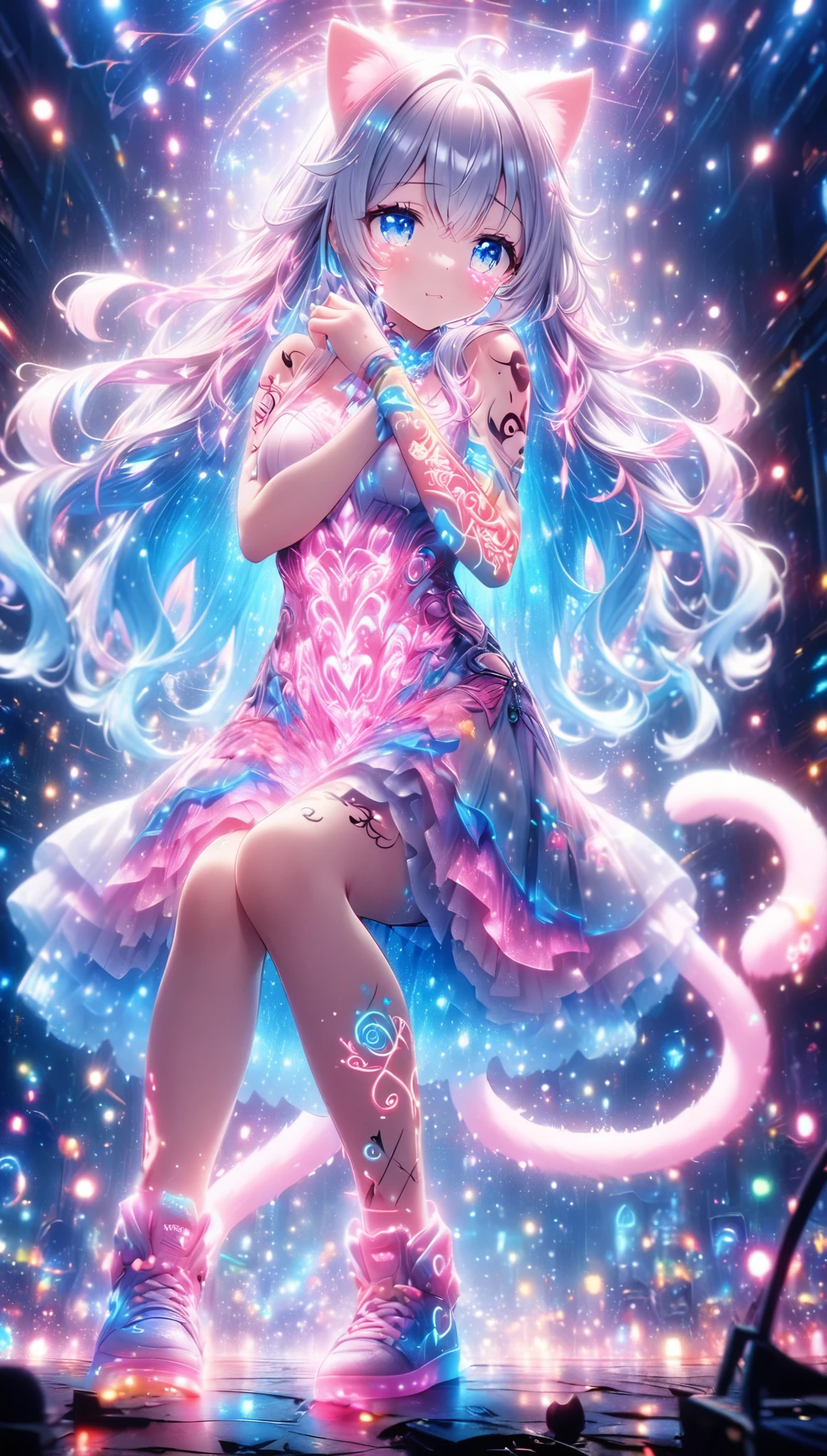 Anime screenshots、vtuber、Full body photo、Artistic anime illustration of a girl with cat tattoos all over her body and face。The tattoos on her arms and legs are a mix of pink, white and blue.、Gives off a neon glow。She has long, flowing hair。In this scene、It has a dreamy soft focus effect that accentuates the glow of your tattoo。Cat ear、tail、Cute pose