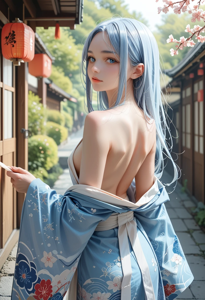 Anime High School Girl, wear a sexy kimono, short kimono, Bare hands, bare back, bare shoulder, to walk, long hair, Light blue hair, look at the viewer, Blue eyes