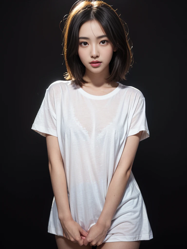 (((Oversized plain t-shirt))), 1girl, 25years old woman, cute face, Small breasts, medium breasts, large breasts, beautiful face, (perfectly detailed face), ((looking at viewer)), Simple Background, ((dark background)), ((dark wallpaper)), White skin, (bright lighting:1.2), perfect lighting, showing thighs, emphasizing breasts, relaxed look, viewers looking up at her from below