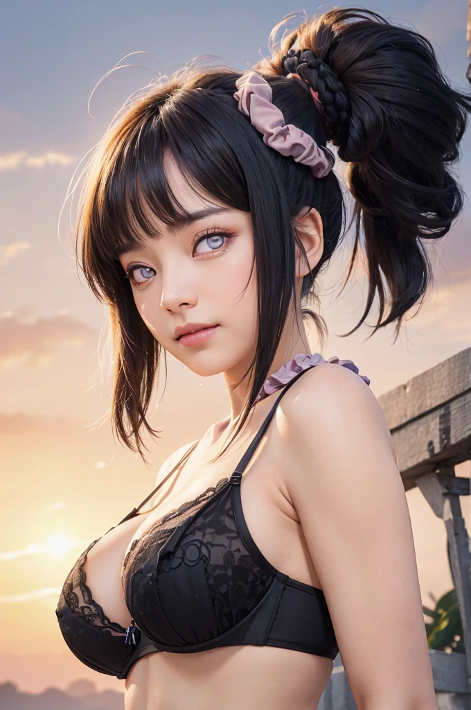 masterpiece, best quality, (realistic,photo-realistic:1.4), (RAW photo:1.2), extremely detailed CG unity 8k wallpaper, delicate and beautiful, amazing,finely detail, official art, absurdres, incredibly absurdres, huge filesize, ultra-detailed,extremely detailed eyes and face,light on face,hinata,(little smile),(black hair:1.4),(long hair:1.3),(wearing bra:1.4),(nature backgrouund:1.4),(byakugan eyes:1.5),ponytail,(scrunchie:1.5)