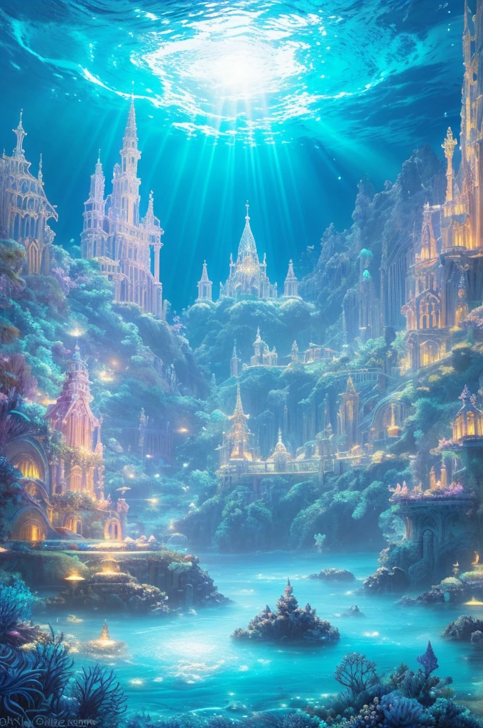 An ancient underwater city bathed in a soft, ethereal glow, surrounded by mythical sea creatures like luminous jellyfish and graceful merfolk. The city’s architecture features towering, coral-covered spires and bioluminescent flora. In the foreground, a group of deep-sea explorers in futuristic suits is amazed as they discover this hidden realm, their faces illuminated by the city’s gentle light. The scene is set in a deep, mysterious ocean with rays of sunlight piercing through the water, creating a magical, otherworldly atmosphere , (Best Quality, A high resolution, photorealistic), cinematic lighting, masterpiece, raw photo, intricate details, HdR

