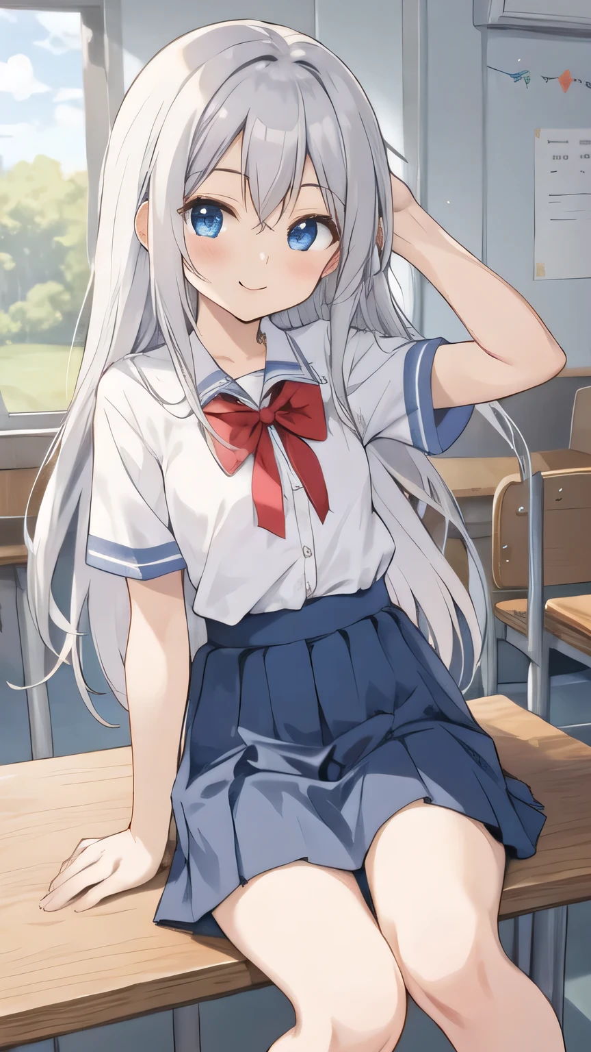 cute girl, anime, silver hair, straight hair, Blue eyes, (young:1.1), (small bust:0.6), (cute:1.3), (middle bust:0.9), cute, (cute:1.2), (sulk:0.6), Smail, (shy:1.0), cowboy shot, cute, side shot, (shy:1.0), dark blue skirt, standing, short sleeve, (spread leg:1.2), school room, sit down, (open leg:1.2), (smile:1.1), (open leg:1.1), (M-shaped legs:1.2), no pantie