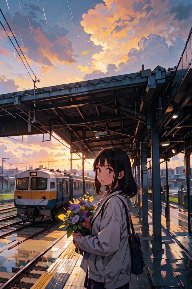 Highest quality, Beautiful vast plains, wealthy, flower, Earth, horizon, (Detailed modern train station platform with girl), Cumulonimbus, sunset, Sudden rain, Attachment Platform, shinkai makoto、Evening sky、