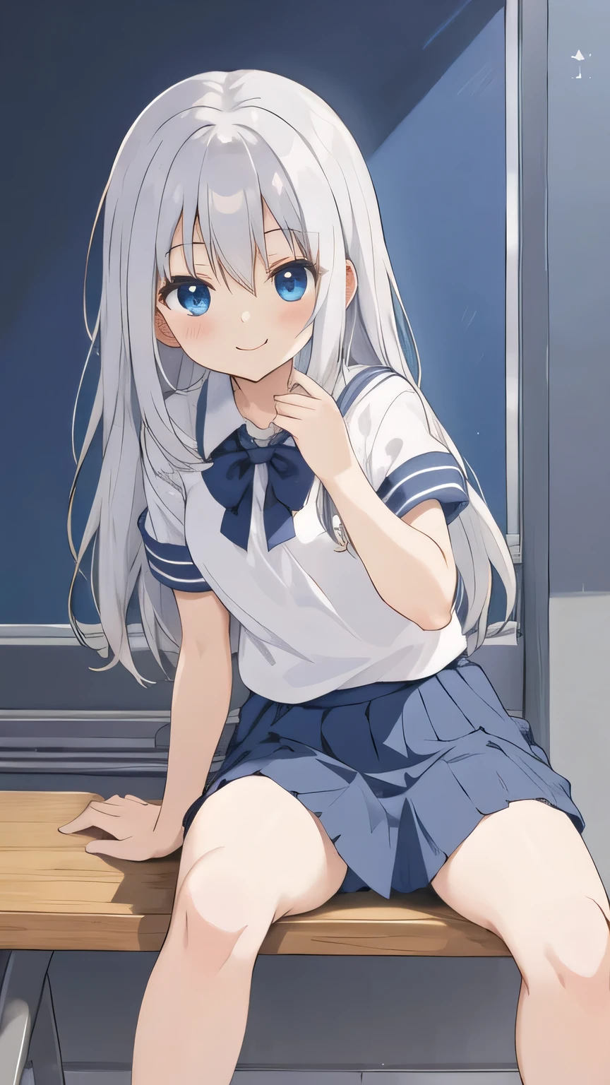cute girl, anime, silver hair, straight hair, Blue eyes, (young:1.1), (small bust:0.6), (cute:1.3), (middle bust:0.9), cute, (cute:1.2), (sulk:0.6), Smail, (shy:1.0), cowboy shot, cute, side shot, (shy:1.0), dark blue skirt, standing, short sleeve, (spread leg:1.2), school room, sit down, (open leg:1.2), (smile:1.1), (open leg:1.1), (M-shaped legs:1.2), no pantie