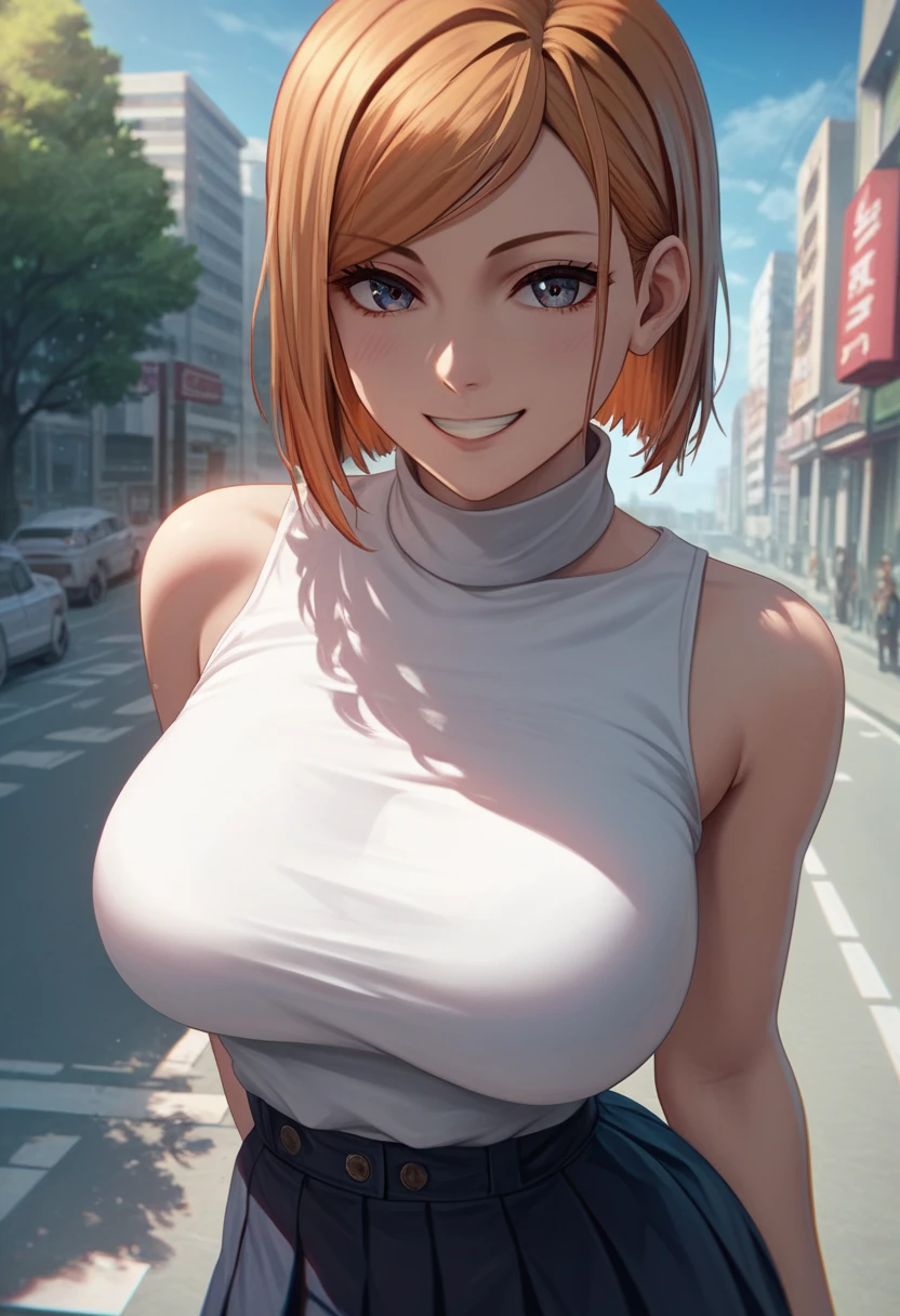 score_9, score_8_up, score_7_up,score_6_up, source_anime, solo, large breast, sharp gaze, sakura tree on the side of the road, 1girl, kugisaki nobara, smile, looking at viewer , white shirt, off-shoulder shirt, black tight sleeveless turtleneck, long-tight skirt, outdoors, city street, blue sky,4K,Detailed,4k highly detailed digital art,masterpiece,best quality,ligne claire,(cool_color),perfect composition,absurdres, {Highest quality}, {so beautiful}, {Very detailed}, {Best illustrations},{uncensored}