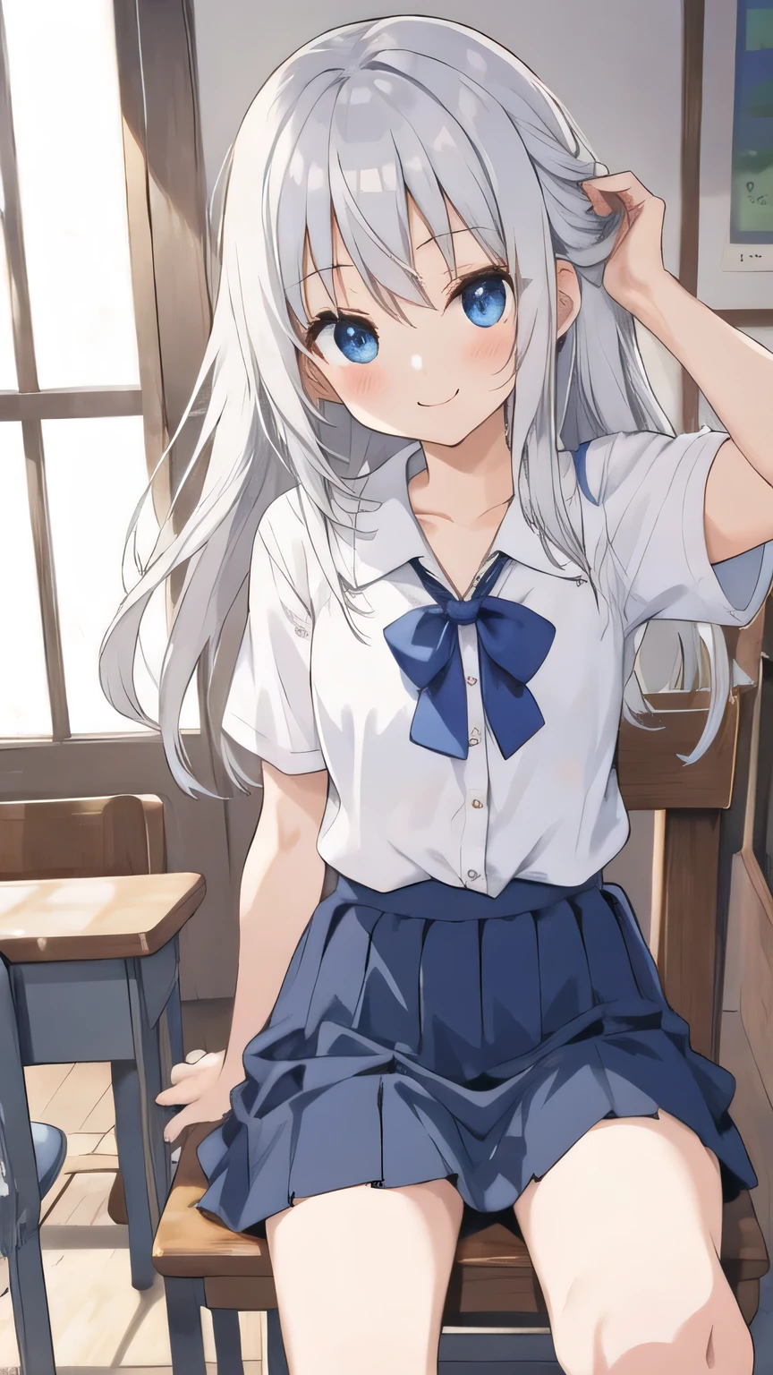 cute girl, anime, silver hair, straight hair, Blue eyes, (young:1.1), (small bust:0.6), (cute:1.3), (middle bust:0.9), cute, (cute:1.2), (sulk:0.6), Smail, (shy:1.0), cowboy shot, cute, side shot, (shy:1.0), dark blue skirt, standing, short sleeve, (spread leg:1.2), school room, sit down, (open leg:1.2), (smile:1.1), (open leg:1.1), (M-shaped legs:1.2), no pantie