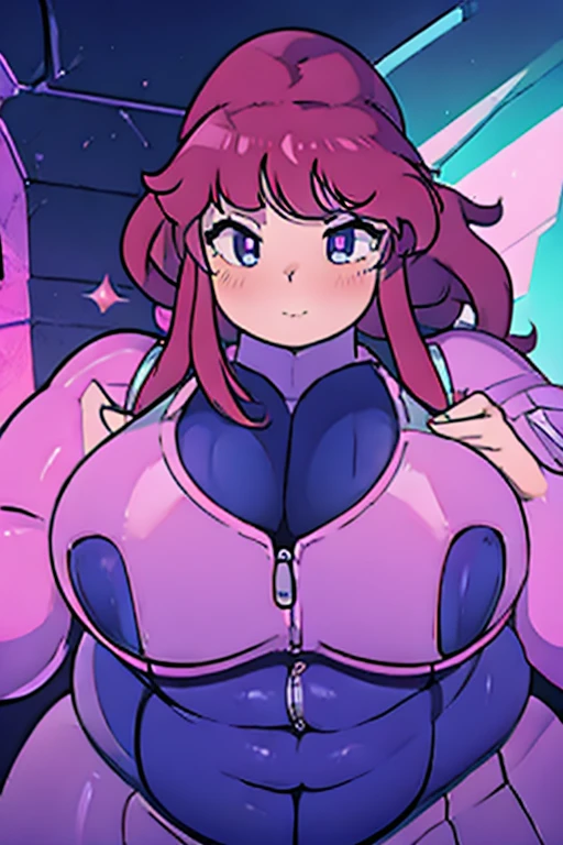 ((best quality, 4k, 8k, anime girl)), (((ssbbw))), (((ussbbw))), (((bodysuit zipper))), ((chubby)), (((immobile fat))), (((very tight suit))), (((extremely detailed face))), beautiful eyes, (tanned skin), (long magenta hair), cinematic lighting, (hyper breasts), (gigantic breasts), (extremely thick thighs), detailed background, ((cyberpunk)), city with many neon lights, ((running)), kawaii,