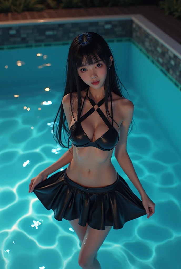 High quality, masterpiece, extra limbs, missing limb, sketch. fused limb bad hands. long body. bad anatomy. disfigured. deformed. poorly、 drawn、mutation missing digit, fused fingers, mutated hands and fingers, extra digit school swimsuit, beautiful girl, aroused、naughty face、black long hair, curvy、sketch. large breasts、wet.arms、looking at viewer、cowboy sot,(((overhead shot)))),present in the indoor pool, ((((1girls/2boys))), spoken 〇〇、nsfw, penis, pussy, under boob,erect nipples , fellatio,blue eyes、Sex between men and women