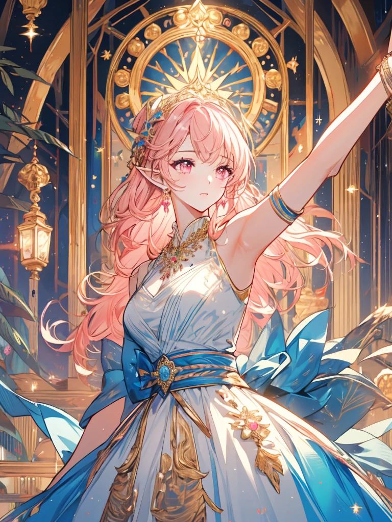 (masterpiece, ultra quality, official art, beautiful and aesthetic:1.2), (1girl), anatomically correct, colorful, ultra highres, unity 8k wallpaper, ultra detailed, pretty, (mandala), divine light, gold foil art, sparkling paintings, long pointy ears, pink eyes, pink hair, iridescent dress, jeweled necklace, view audience, tarotcard, cowboy shot, (arm up:1.3), (Belle Epoque),