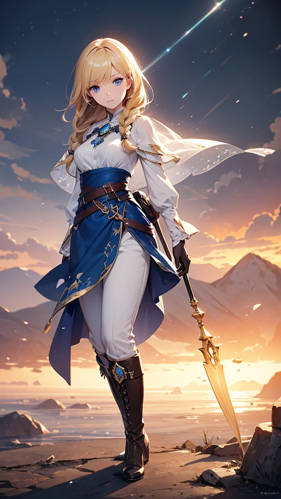 Blonde mage girl, with long hair and a braid on one side. She has blue eyes and is wearing a blue mage's veil. She is dressed in a long-sleeve white shirt, brown pants, and tall brown boots. She holds a mage's staff with a crystal at the tip, wears brown gloves, and has a crossbody bag slung across her chest at her waist. She has a serious expression. Ensure that the image is well-detailed with accurate proportions, clear facial features, and balanced body posture to avoid any deformities." 8k, high quality, full body, (ultra-realistic), {extremely detailed 8k CG unit wallpaper}, expansive landscape photograph, , (light: 2.0), (warm light source: 1.5), complex details,, (atmospheric lighting), surreal, impressive, fantasy, (Solo: 1.2)