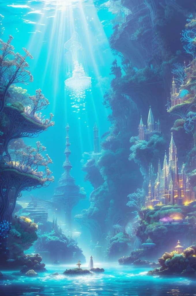 An ancient underwater city bathed in a soft, ethereal glow, surrounded by mythical sea creatures like luminous jellyfish and graceful merfolk. The city’s architecture features towering, coral-covered spires and bioluminescent flora. In the foreground, a group of deep-sea explorers in futuristic suits is amazed as they discover this hidden realm, their faces illuminated by the city’s gentle light. The scene is set in a deep, mysterious ocean with rays of sunlight piercing through the water, creating a magical, otherworldly atmosphere , (Best Quality, A high resolution, photorealistic), cinematic lighting, masterpiece, raw photo, intricate details, HdR

