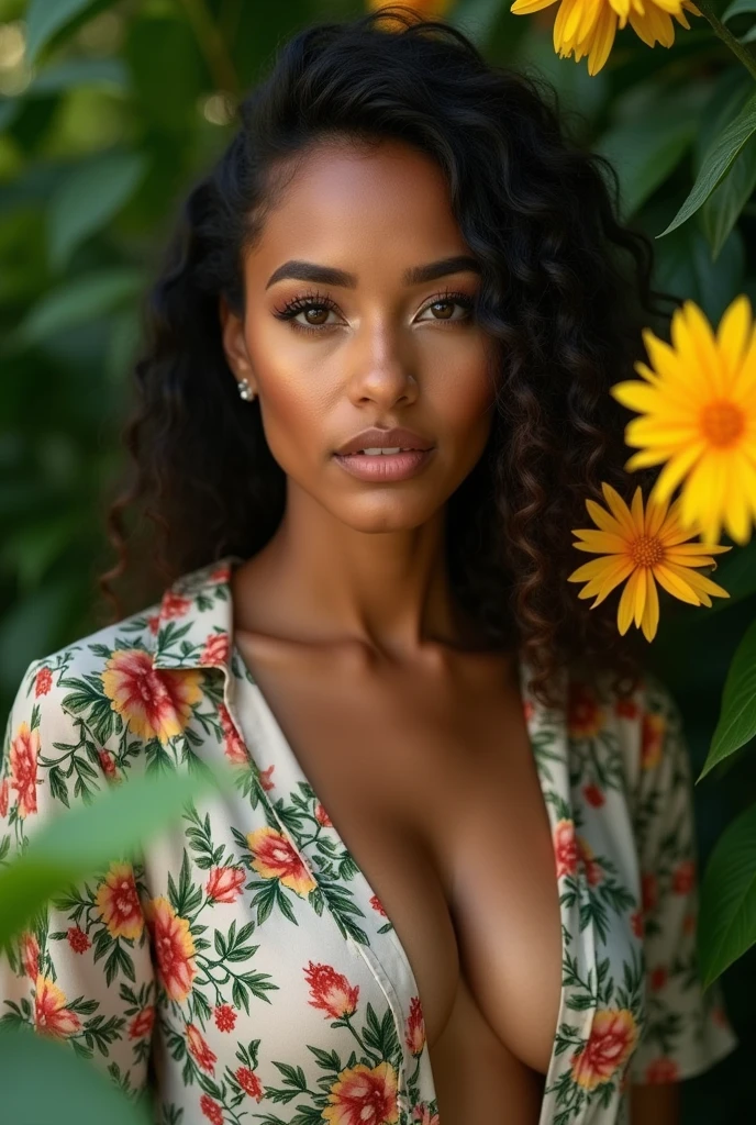 A Brazilian woman in a lush tropical garden, wearing a white plunging open shirt, with a close-up capturing the harmonious beauty between her breasts and the natural flowers, showing off your natural charm and outgoing personality, no-makeup