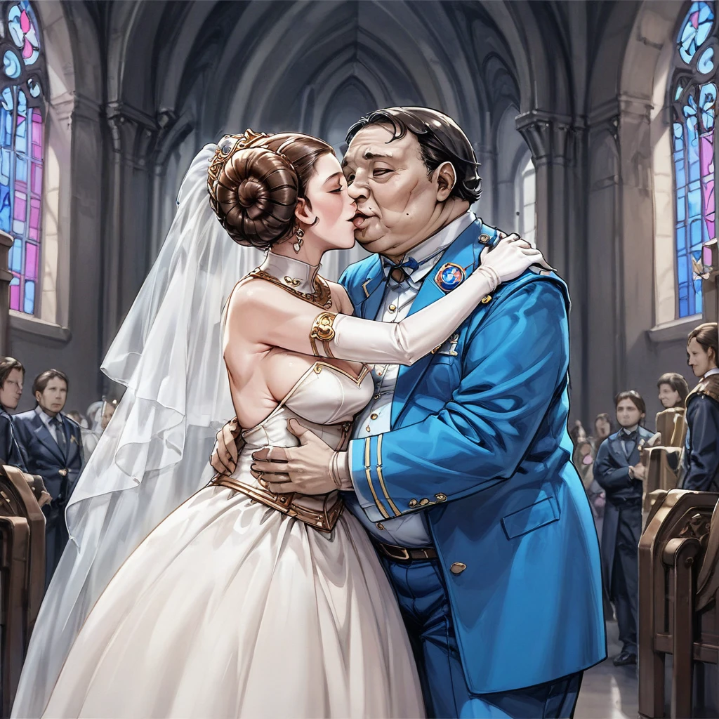 ((Highest quality)), ((masterpiece)), (detailed), （Perfect Face）、The woman is Princess Leia, with dark hair, a gorgeous wedding dress and lavish accessories.、In a gorgeous wedding hall in a gorgeous church, a woman is embracing an old, ugly man from royalty, kissing him in exchange for a wedding vow.