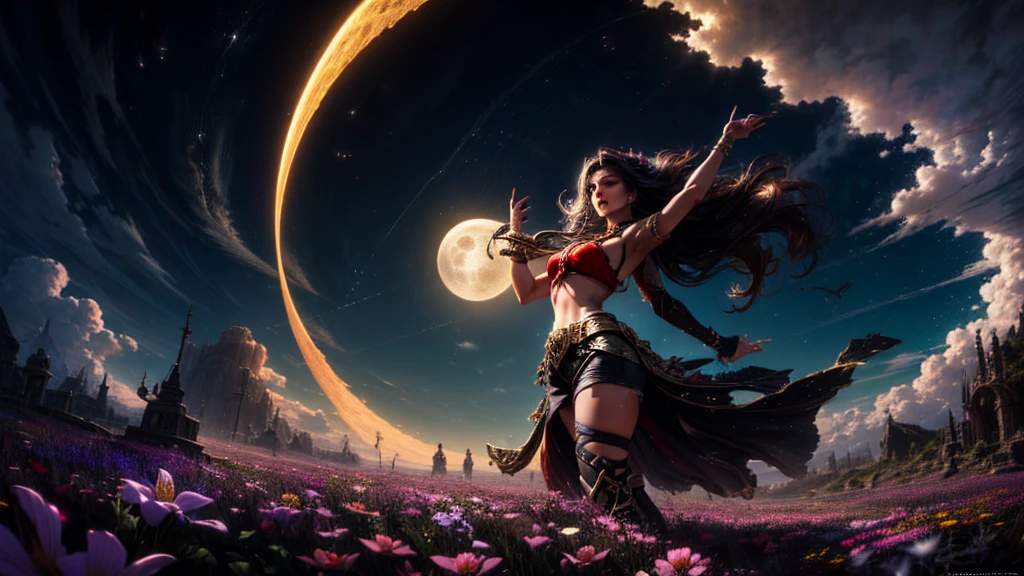 "((Fantasy art)) featuring an alien girl, immersed in a heavenly symphony, clouds turn into bright splashes, flowers are scattered, like notes in the wind, visual orchestration of color and wonder" night , full moon