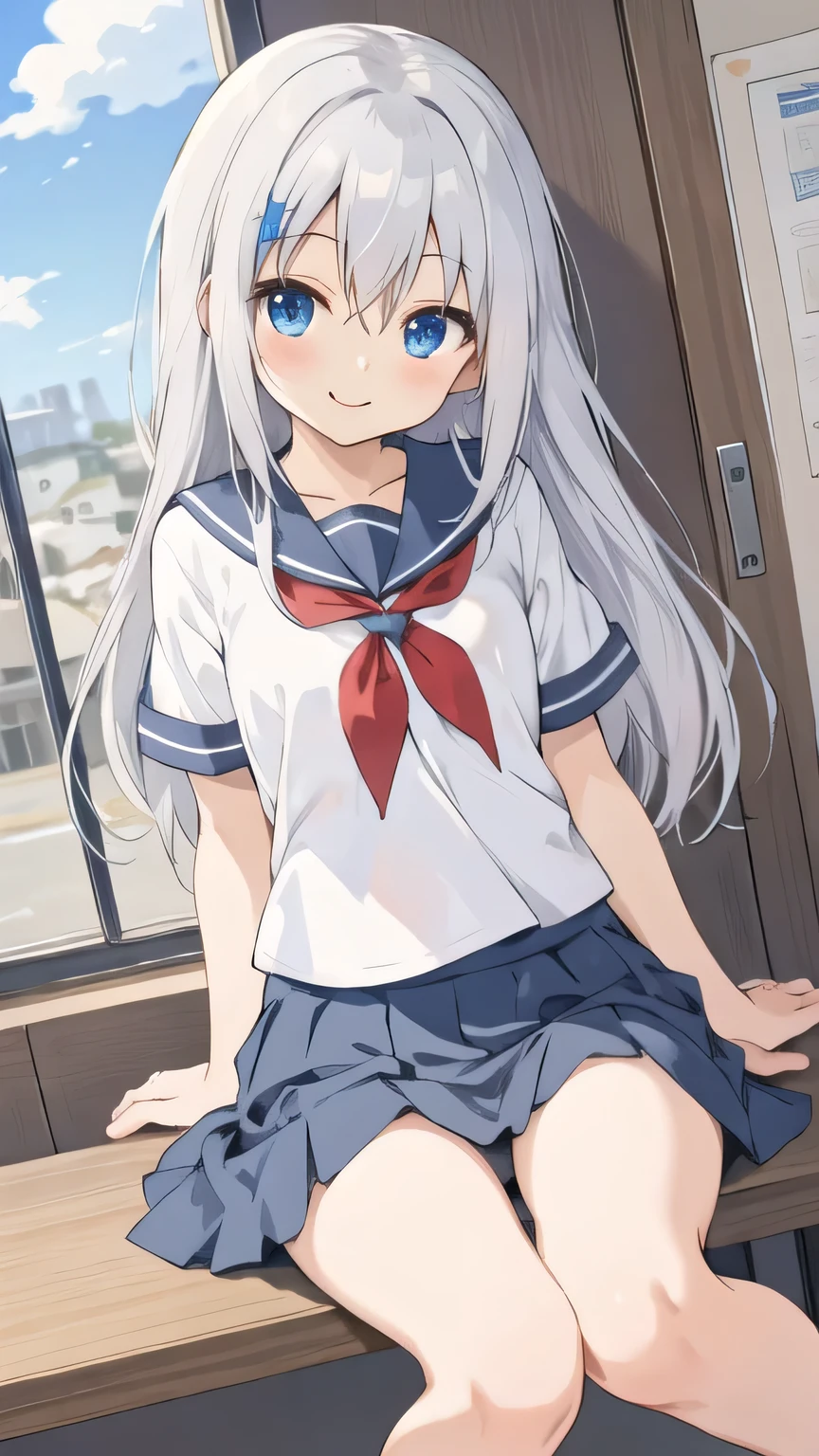 cute girl, アニメ, silver hair, straight hair, Blue eyes, (young:1.1), (small bust:0.6), (cute:1.3), (middle bust:0.9), cute, (cute:1.2), (sulk:0.6), Smail, (shy:1.0), cowboy shot, cute, side shot, (shy:1.0), dark blue skirt, standing, short sleeve, (spread leg:1.2), school room, sit down, (open leg:1.2), (smile:1.1), (open leg:1.1), (M-shaped legs:1.2), no pantie, Sitting with legs crossed, (low angle:1.2)